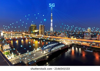 5G wireless and network and smart city concept. Urban city with things and services icons connection, internet of things, high speed connection flat design.