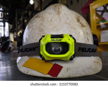 5th May 2022 - Terengganu, Malaysia : Pelican portable head lamp that can attach to safety helmet. Pelican 2755 model were designed with explosion proof body that safe to use in hazardous atmosphere. 