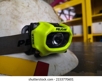 5th May 2022 - Terengganu, Malaysia : Pelican portable head lamp that can attach to safety helmet. Pelican 2755 model were designed with explosion proof body that safe to use in hazardous atmosphere. 
