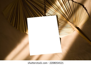 5x7 Card Mockup With Sunlight Shadows And Dry Palm Leaf