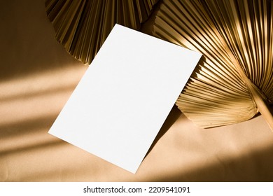 5x7 Card Mockup With Sunlight Shadows And Dry Palm Leaf