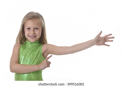 6 or 7 years old little girl with blond hair and blue eyes smiling happy posing isolated on white background pointing arm in language lesson for child education and body parts school chart set