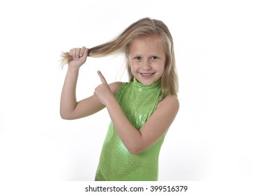 6 Or 7 Years Old Little Girl With Blue Eyes Smiling Happy Posing Isolated On White Background Pulling Pointing Her Blond Hair In Language Lesson For Child Education And Body Parts School Chart Set