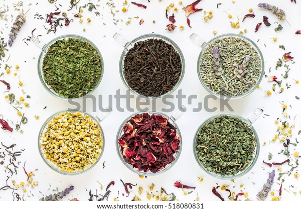 6 Cups Different Types Tea Leaves Stock Photo (Edit Now) 518080831