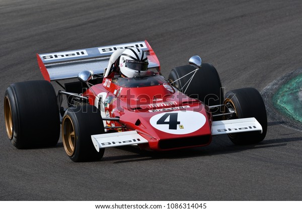 6 May 2018: Unknown run with\
historic 1971 Ferrari F1 Car model 312B2 ex Mario Andretti / Jacky\
Ickx during Minardi Historic Day 2018 in Imola Circuit in\
Italy.
