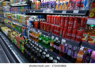 6 May 2020, Kota Kinabalu Sabah Malaysia, Assorted Drinks Display At Gondola Chiller Supermarket