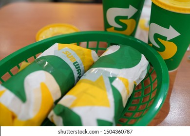 6 Sep 2019; Nonthaburi Thailand: Sandwich Set at Subway Sandwich Restaurant. Subway is an American fast food restaurant franchise that sells sandwiches and salads.