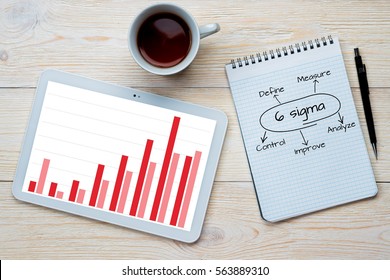 6 sigma bar chart on wooden desk - Shutterstock ID 563889310