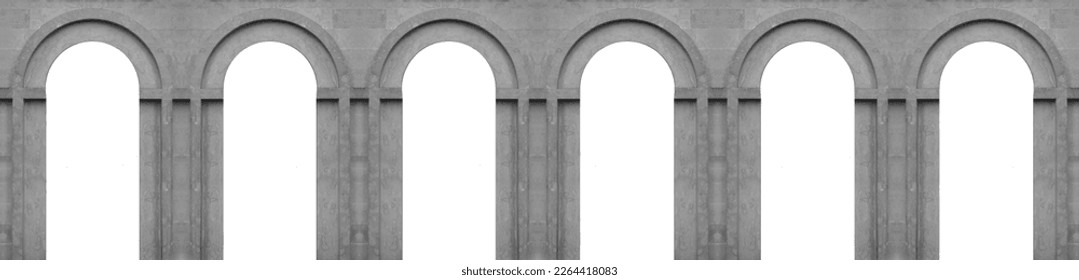 6 six classic white or beige arches. Marble antique wall arcade. Background banner. Poster. architecture of the ancient world. exterior white arched wall. empty copy space.isolated. mockup.
