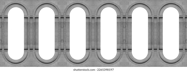 6 six white or beige arches doors or windows. Marble antique wall arcade. Background banner. Poster. architecture of the ancient world. exterior white arched wall. empty copy space.isolated. mockup.