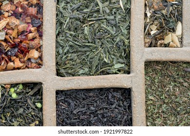 6 Types Of Tea,  Portioned. Black, Green, Rooibos, Fruit And  White Tea. Macro Texture