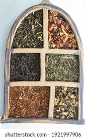 6 Types Of Tea,  Portioned. Black, Green, Rooibos, Fruit And  White Tea. Macro Texture