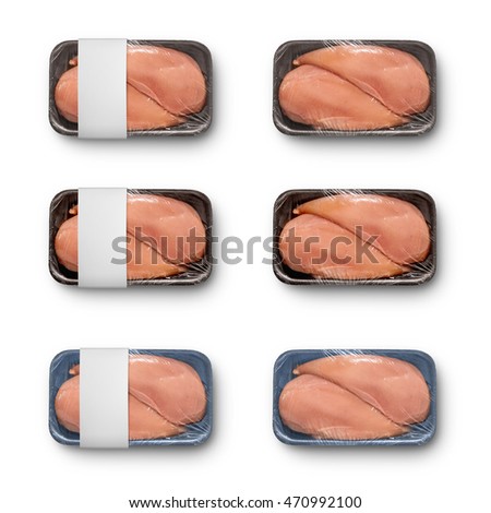 6 unopened packs of 2 raw chicken fillet isolated on white background, different box colors, with and without label