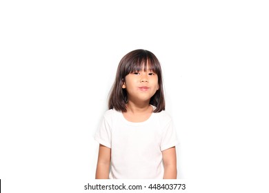 6 Years Asian Girl Smile In White T Shirt Isolated On White Background