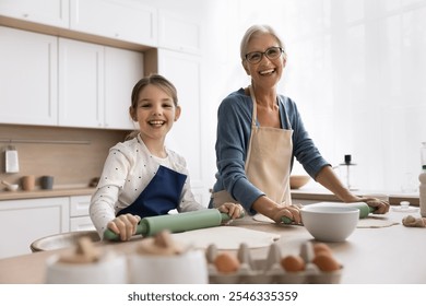 60s granny her preschooler 6s granddaughter wear aprons cooking, posing for camera in cozy kitchen. Portrait of loving multigenerational family prepare holiday pie or cake, share skills and knowledge - Powered by Shutterstock