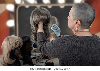 A 62-year-old woman with a shaved head carefully combs her ash blonde wig in front of a mirror, with two other wigs on mannequins nearby.