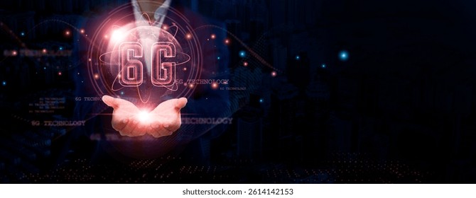 6G: Businessman holding global structure networking and 6G Connectivity, Advanced Technology, Seamless Integration, Innovation, and Social Network.