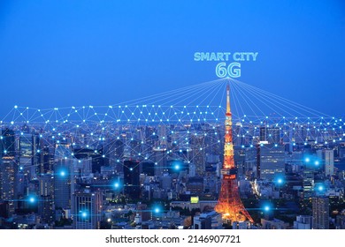 6G Network Digital And Internet Of Everythings (IOT) On Cityscape  Background.6G Network Wireless Systems.Smart City With Quantum Internet And Cityscape Concept.
