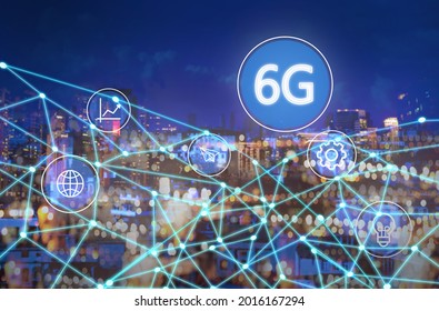 6G network wireless system. Beautiful cityscape and network connection lines 