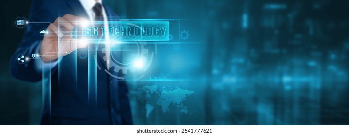 6G Technology, Businessman holding text of 6G Technology on virtual interface. Advanced Connectivity, High-Speed Data Transfer, Cutting-Edge Innovations. - Powered by Shutterstock