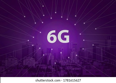 6G Technology. Conceptual Abstraction. Modern City And Communication 6g Network, Smart City. Purple Tone City Scape And Network Connection Concept.