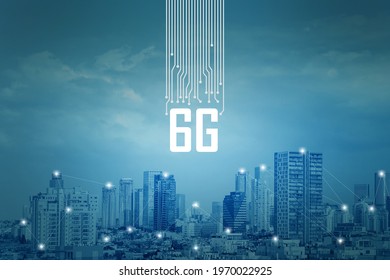 6G technology. Conceptual abstraction. Modern city and communication 6g network, smart city. Blue tone city scape and network connection concept - Powered by Shutterstock