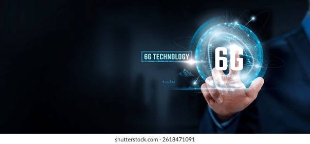 6G Technology: Futuristic Businessman Touching Advanced Connectivity and Global Network. Innovation, Speed.