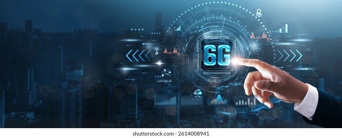 6G Technology: Businessman’s hand touching futuristic technological interface, hyper-connectivity, ultra-low latency, high-speed data transfer, next-generation business innovation, technology concept.