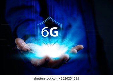 6G Technology networks Internet connecting wireless devices around the world. 6g icon in businessman hand. 6G technology is essential to businesses in the digital world.
