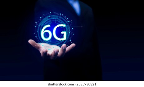 6G Technology networks Internet connecting wireless devices around the world. 6g icon in businessman hand. 6G technology is essential to businesses in the digital world.