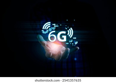 6G Technology networks Internet connecting wireless devices around the world. 6g icon in businessman hand. 6G technology is essential to businesses in the digital world.
