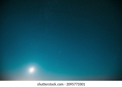 6K 5K Blue Scenery Background Moonrise Night Starry Sky Glowing Stars. Scenic Bright Glow Of Sky Stars Galaxy 4K. Natural Background Backdrop.