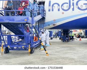 6th June 2020- Bagdogra Airport,Siliguri, West Bengal, India-Indigo Airlines Cabin Crew Getting Dressed In White Protective Gear At Bagdogra Airport