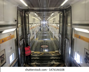 7 August 2019, Calais, France. Inside of the Euro Channel Tunnel
Travelling with Eurotunnel le shuttle
Lights, information and warning sings