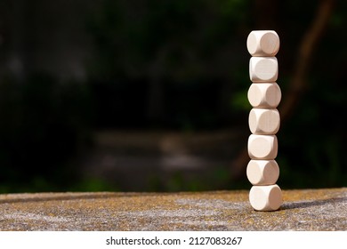 7 Empty Blank Wooden Cubes, Dice Stacked On Top Of Each Other, Copy Space Corporate Business Presentation Slide Background, Text Space, Nobody. Integrity, Stable Structure Abstract Concept, No People