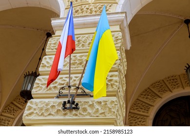 7 March 2022 Prague, Czech Republic: Flags Of The Czech Republic And Ukraine Are Attached To Buildings In Europe. National Symbols. Peace And Freedom.