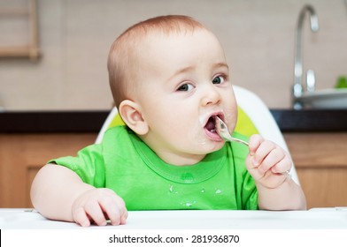 7 Months Baby Eating Cottage Cheese With A Spoon