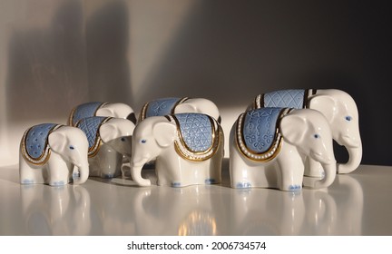 7 seven soviet 50s retro gold blue porcelain elephants
