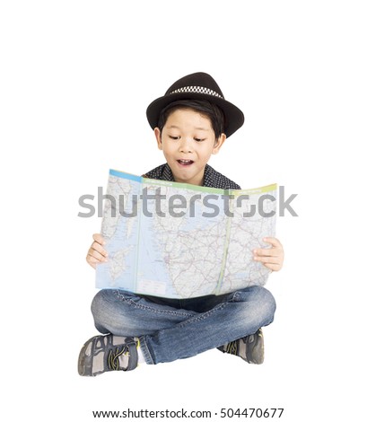 Similar – Image, Stock Photo boy with hat and map on blue background