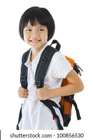 7 Years Old Pan Asian School Girl On White Background