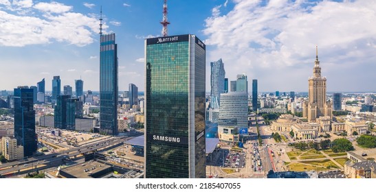 7.22.2022 Warsaw, Poland. Long Panoramic Aerial Shot Of Important Skyscrapers: The Centrum LIM, Palace Of Culture And Science, Varso Tower. High Quality Photo