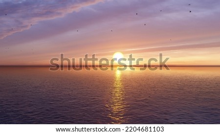 7680x4320. Panorama of sea sunrise, ocean sunrise, seascape. Romantic colorful sunset at the sea. The sun touches horizon. 