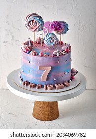 7th Birthday Blue-pink Cake On The White Background