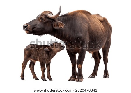 8 Buffalo Looking Affectionately At Calf A Highl Isolated On White Background