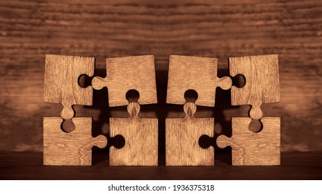 8 eight wooden puzzle pieces on board  background. concept of connection people.