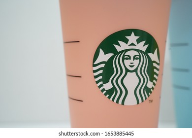 8 Feb 2020; Bangkok Thailand: Close Up Starbucks Logo At Starbucks Pink Reusable Coffee Cup.