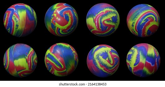 8 Images Of A  Colorful, Marble Rubber Bouncing Ball Toy Isolated On Black.