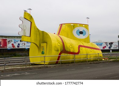 8 july 2020 The famous life size sculpture of the Yellow Submarine so called after the famous Beatles song and now located at the John Lennon Airport entrance in Liverpool England
