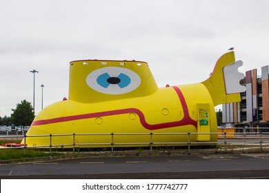 8 july 2020 The famous life size sculpture of the Yellow Submarine so called after the Beatles song and now located at the John Lennon Airport entrance in Liverpool England