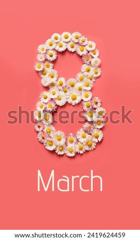 8 March International Women's Day. Creative Greeting Card for March 8th with pattern of Daisy flowers in shape of Number 8 on red background